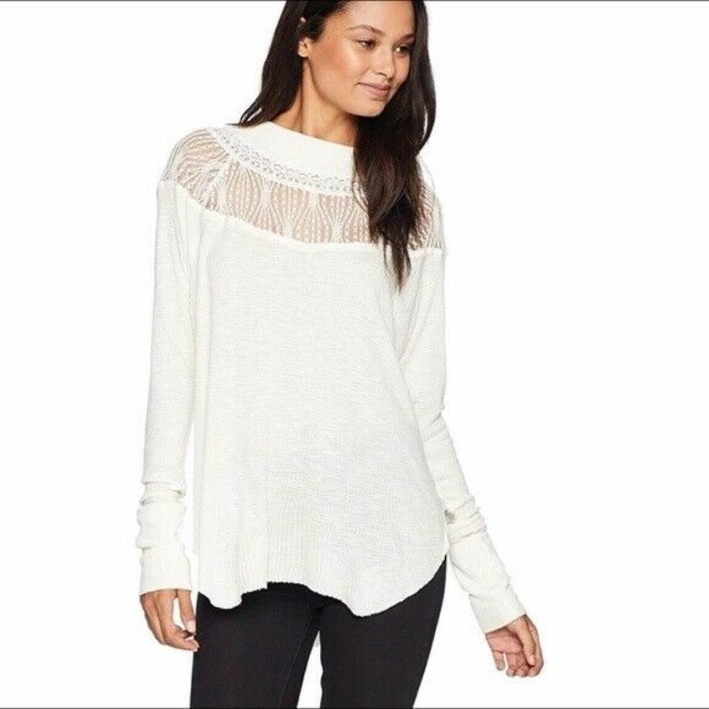 Free People Spring Valley Ivory Waffle Knit Lace Neck Long Sleeve Top Size Small